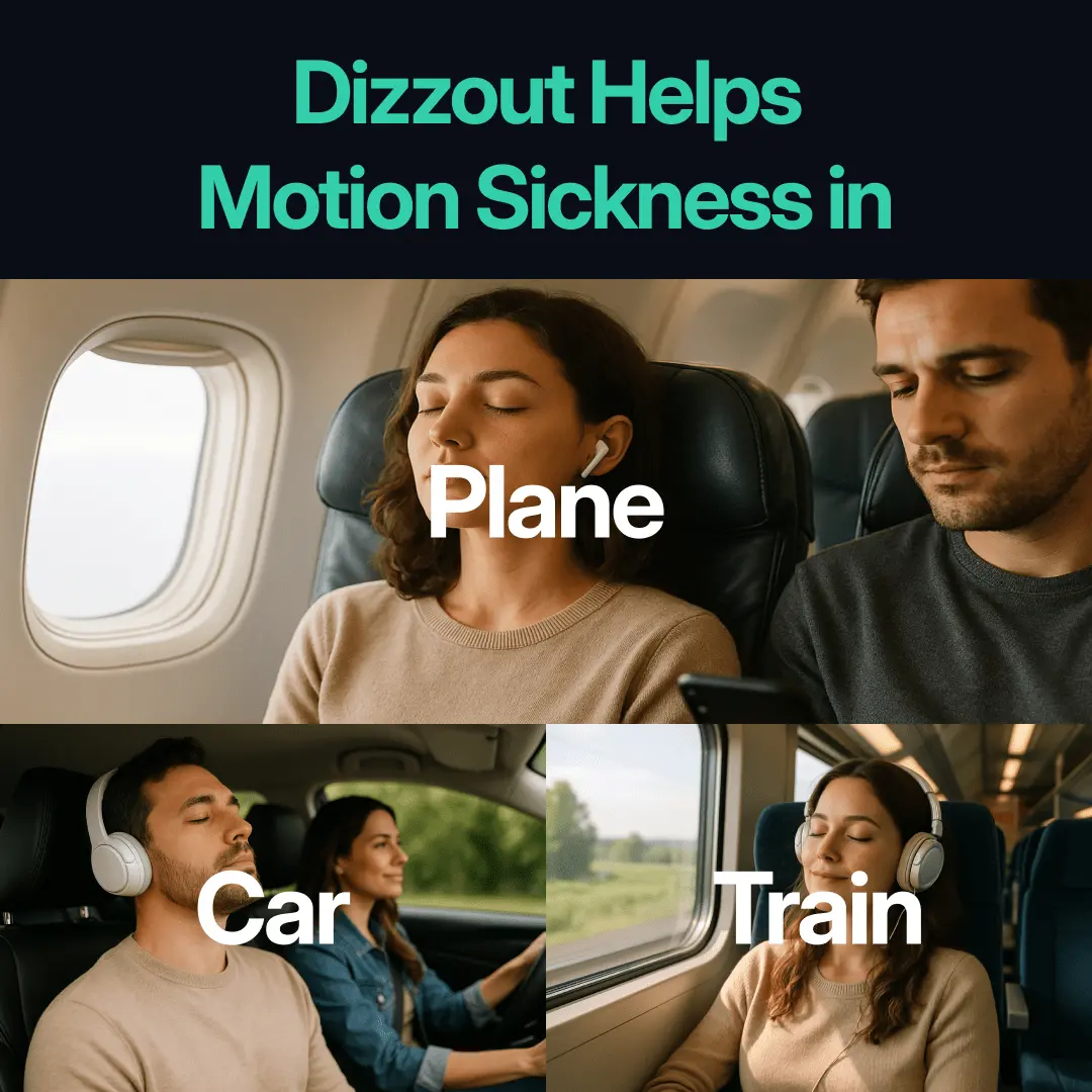 Relieved woman wearing headphones in car, plane, and train